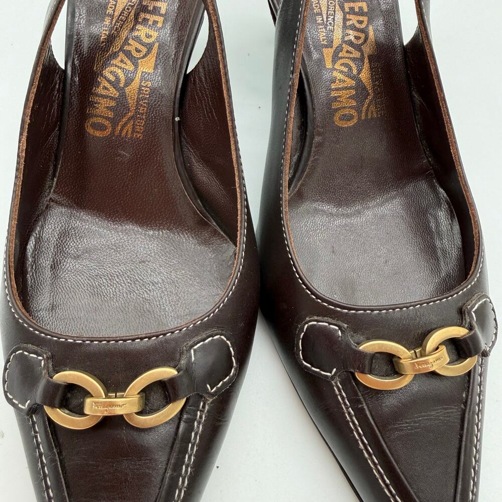 Salvatore Ferragamo Acribia Slingback Kitten Heels Chocolate Brown Gold 7.5 - Picture 7 of 8